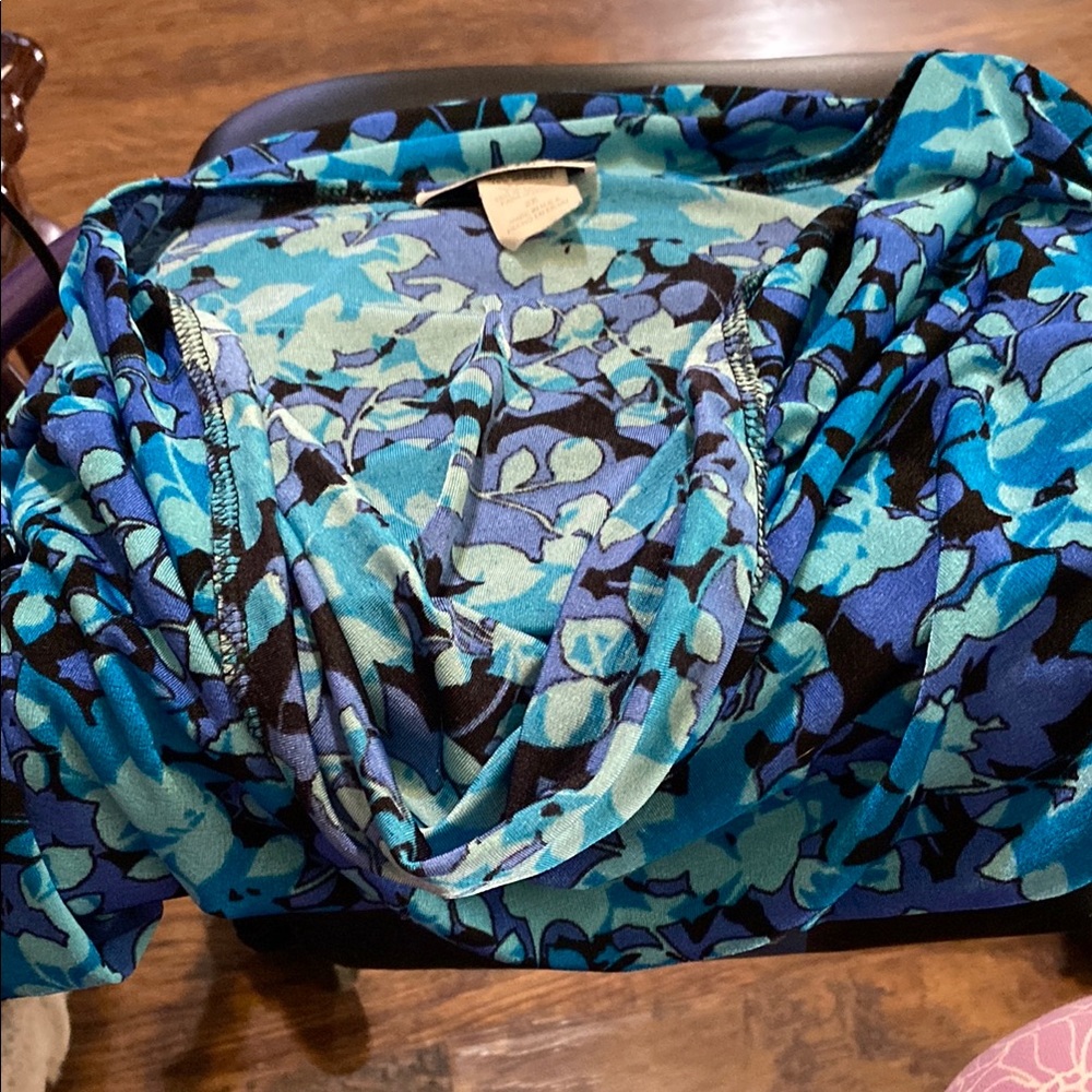 Floral Blue and Black Women's Top with drop front.